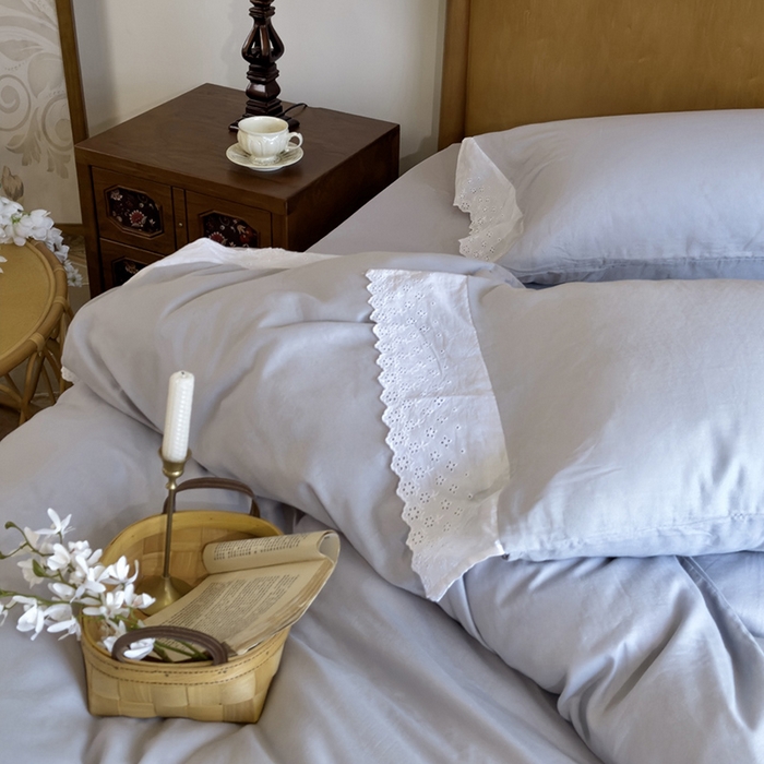 91家纺网 家纺一手货源 找家纺 窝米 2025新款全棉纯棉轻氧纱蕾丝花边款四件套系列 轻氧纱-冰川灰