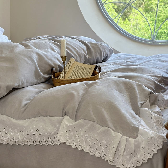 91家纺网 家纺一手货源 找家纺 窝米 2025新款全棉纯棉轻氧纱蕾丝花边款四件套系列 轻氧纱-冰川灰