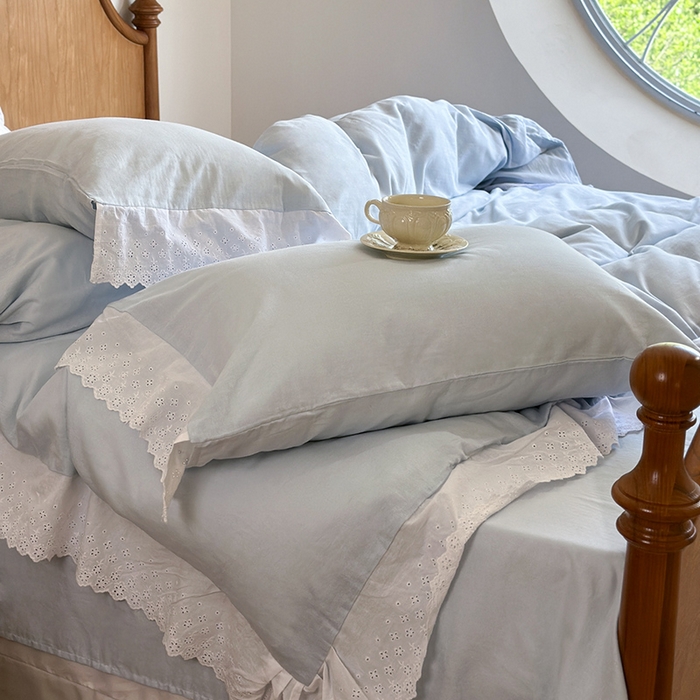 91家纺网 家纺一手货源 找家纺 窝米 2025新款全棉纯棉轻氧纱蕾丝花边款四件套系列 轻氧纱-海湾蓝