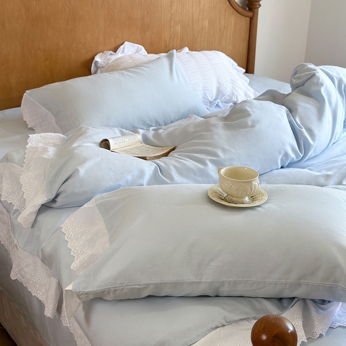 91家纺网 家纺一手货源 找家纺 窝米 2025新款全棉纯棉轻氧纱蕾丝花边款四件套系列 轻氧纱-海湾蓝