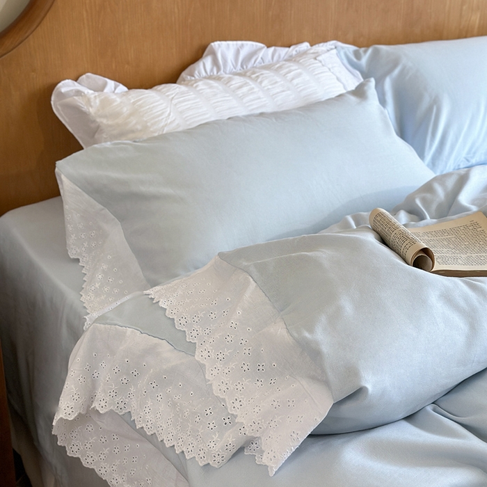 91家纺网 家纺一手货源 找家纺 窝米 2025新款全棉纯棉轻氧纱蕾丝花边款四件套系列 轻氧纱-海湾蓝