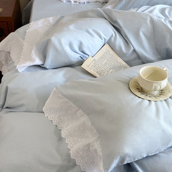 91家纺网 家纺一手货源 找家纺 窝米 2025新款全棉纯棉轻氧纱蕾丝花边款四件套系列 轻氧纱-海湾蓝