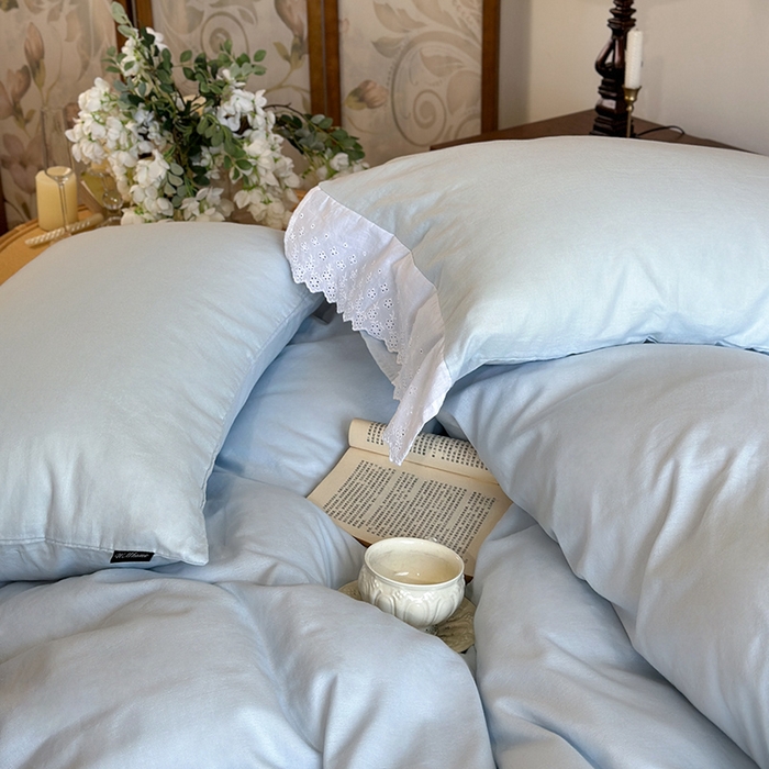 91家纺网 家纺一手货源 找家纺 窝米 2025新款全棉纯棉轻氧纱蕾丝花边款四件套系列 轻氧纱-海湾蓝