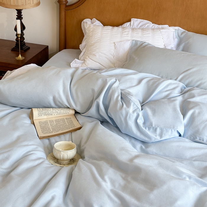 91家纺网 家纺一手货源 找家纺 窝米 2025新款全棉纯棉轻氧纱蕾丝花边款四件套系列 轻氧纱-海湾蓝