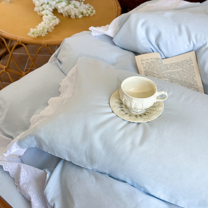 91家纺网 家纺一手货源 找家纺 窝米 2025新款全棉纯棉轻氧纱蕾丝花边款四件套系列 轻氧纱-海湾蓝