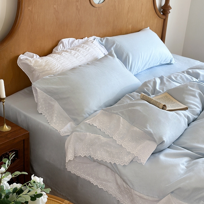 91家纺网 家纺一手货源 找家纺 窝米 2025新款全棉纯棉轻氧纱蕾丝花边款四件套系列 轻氧纱-海湾蓝