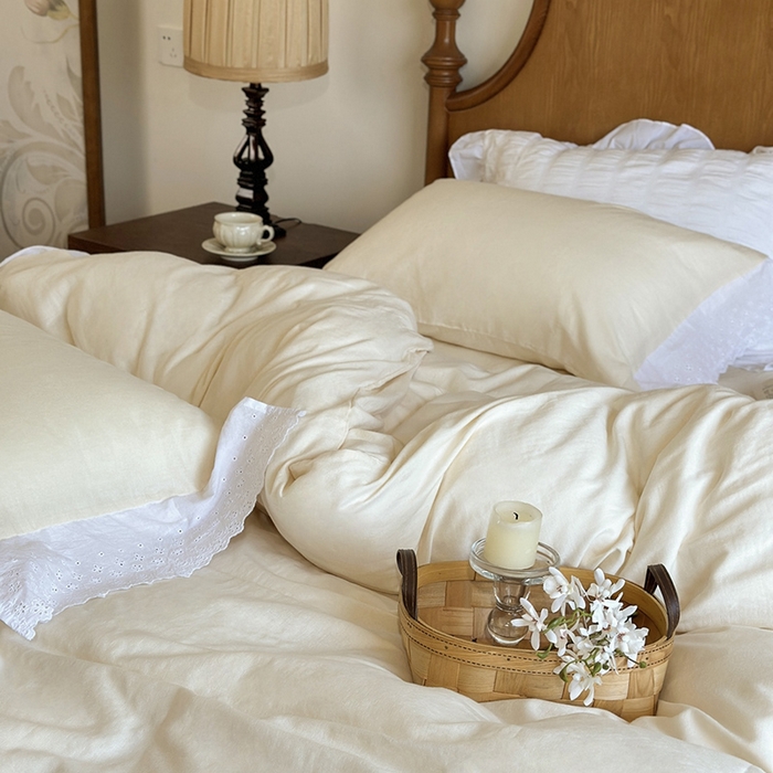 91家纺网 家纺一手货源 找家纺 窝米 2025新款全棉纯棉轻氧纱蕾丝花边款四件套系列 轻氧纱-奶茶白