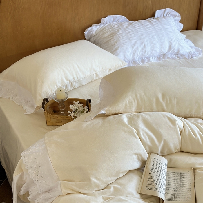 91家纺网 家纺一手货源 找家纺 窝米 2025新款全棉纯棉轻氧纱蕾丝花边款四件套系列 轻氧纱-奶茶白