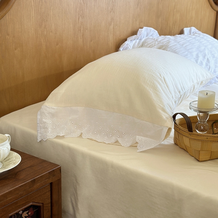 91家纺网 家纺一手货源 找家纺 窝米 2025新款全棉纯棉轻氧纱蕾丝花边款四件套系列 轻氧纱-奶茶白