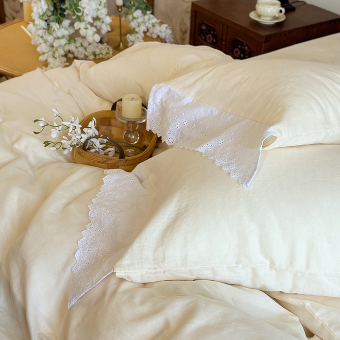 91家纺网 家纺一手货源 找家纺 窝米 2025新款全棉纯棉轻氧纱蕾丝花边款四件套系列 轻氧纱-奶茶白