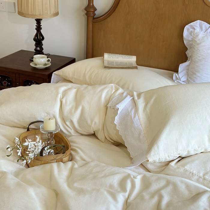 91家纺网 家纺一手货源 找家纺 窝米 2025新款全棉纯棉轻氧纱蕾丝花边款四件套系列 轻氧纱-奶茶白