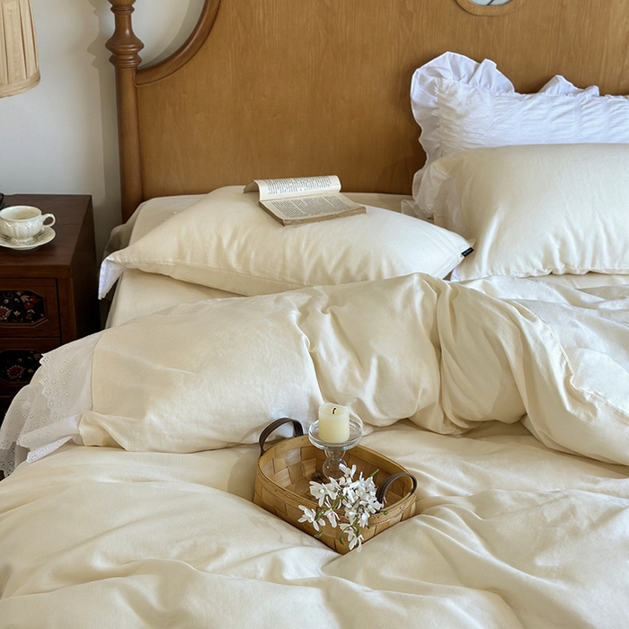 91家纺网 家纺一手货源 找家纺 窝米 2025新款全棉纯棉轻氧纱蕾丝花边款四件套系列 轻氧纱-奶茶白