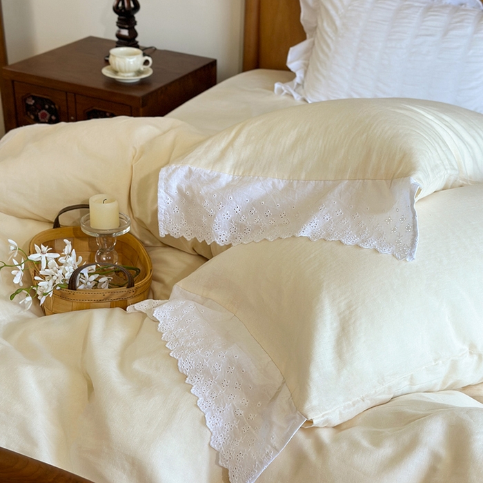 91家纺网 家纺一手货源 找家纺 窝米 2025新款全棉纯棉轻氧纱蕾丝花边款四件套系列 轻氧纱-奶茶白