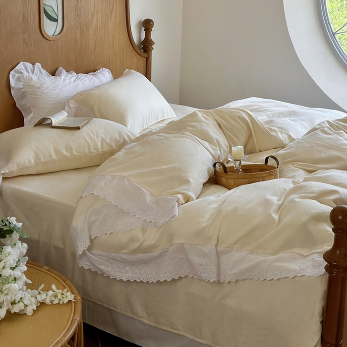 91家纺网 家纺一手货源 找家纺 窝米 2025新款全棉纯棉轻氧纱蕾丝花边款四件套系列 轻氧纱-奶茶白