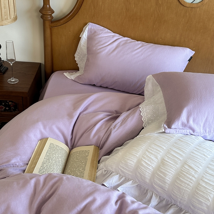 91家纺网 家纺一手货源 找家纺 窝米 2025新款全棉纯棉轻氧纱蕾丝花边款四件套系列 轻氧纱-星空紫