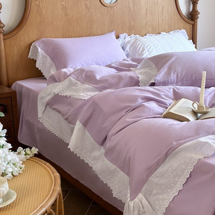 91家纺网 家纺一手货源 找家纺 窝米 2025新款全棉纯棉轻氧纱蕾丝花边款四件套系列 轻氧纱-星空紫