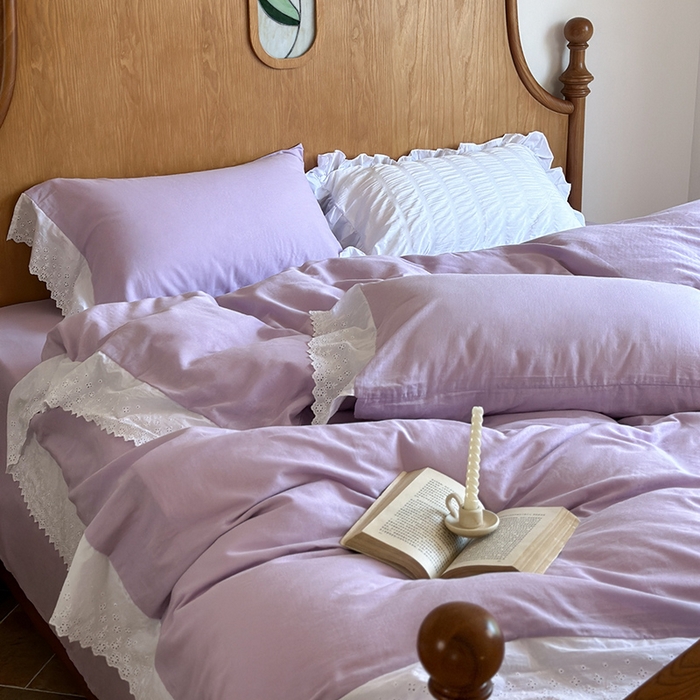 91家纺网 家纺一手货源 找家纺 窝米 2025新款全棉纯棉轻氧纱蕾丝花边款四件套系列 轻氧纱-星空紫