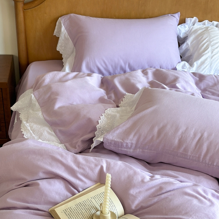 91家纺网 家纺一手货源 找家纺 窝米 2025新款全棉纯棉轻氧纱蕾丝花边款四件套系列 轻氧纱-星空紫