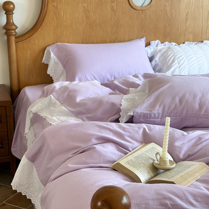 91家纺网 家纺一手货源 找家纺 窝米 2025新款全棉纯棉轻氧纱蕾丝花边款四件套系列 轻氧纱-星空紫