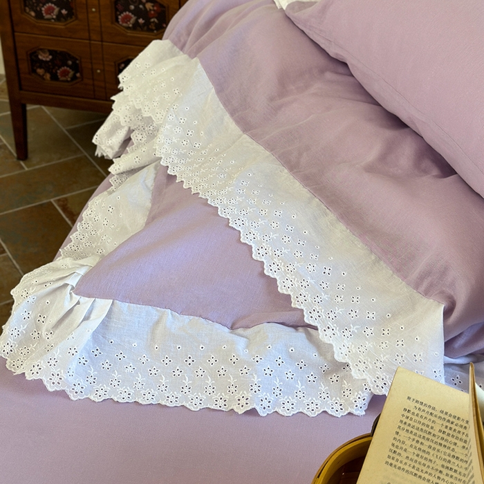 91家纺网 家纺一手货源 找家纺 窝米 2025新款全棉纯棉轻氧纱蕾丝花边款四件套系列 轻氧纱-星空紫