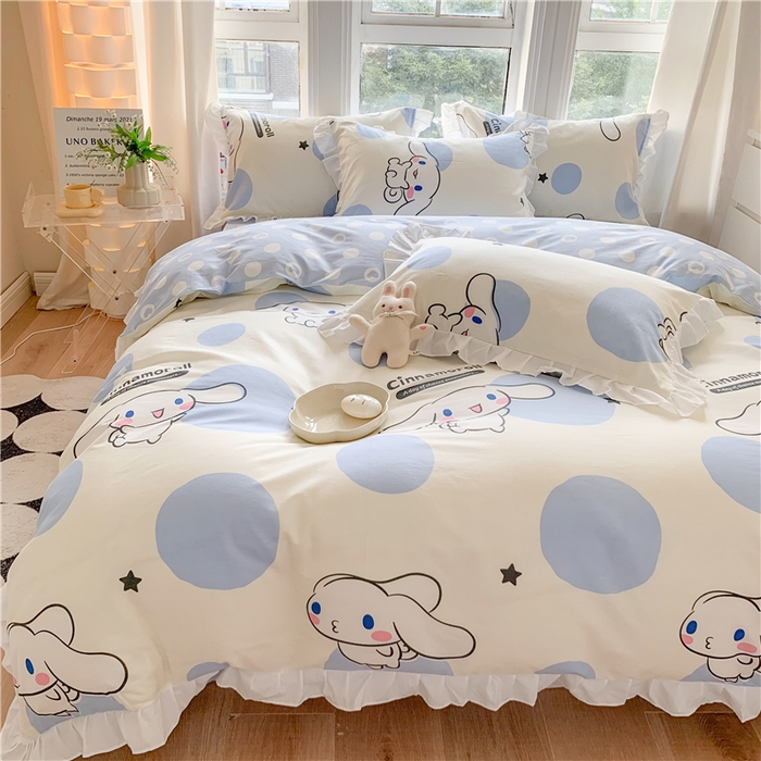 玉元坊 2025年新款三丽鸥系列白花边被套纯棉全棉床裙三件套四件套-大耳狗系列 波点玉桂狗【花边款】