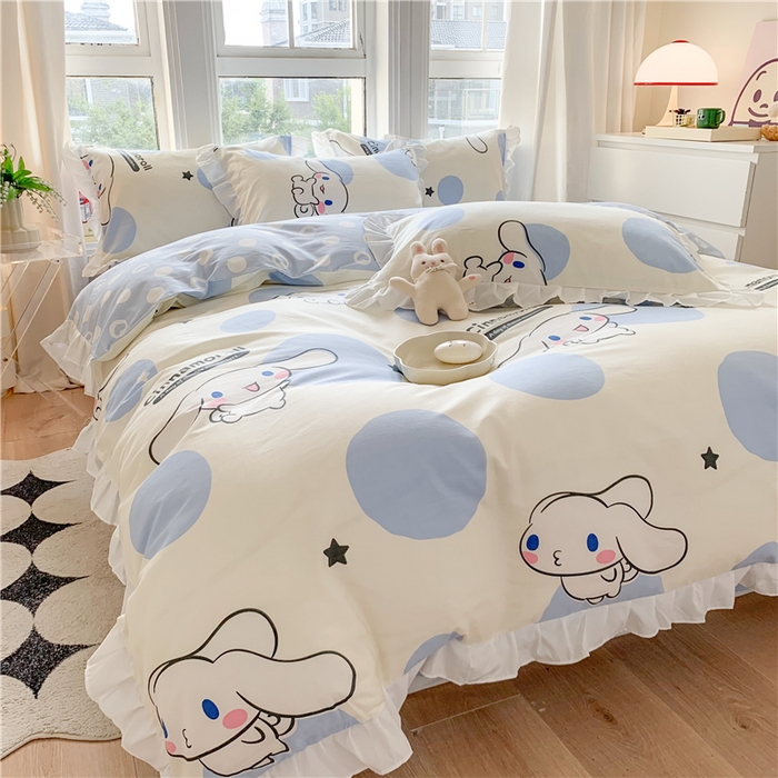 91家纺网 家纺一手货源 找家纺 玉元坊 2025年新款三丽鸥系列白花边被套纯棉全棉床裙三件套四件套-大耳狗系列 波点玉桂狗【花边款】