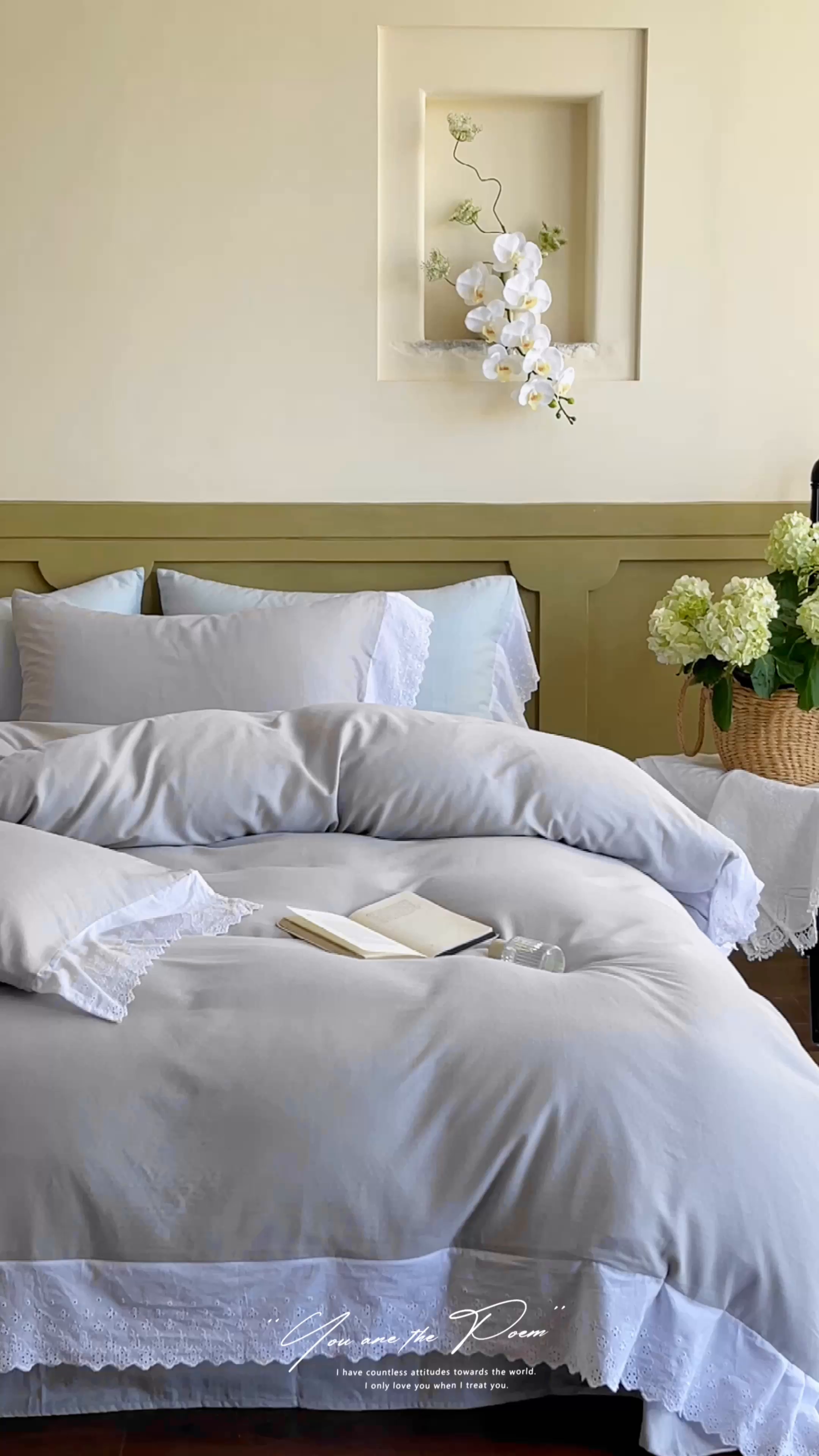 91家纺网 家纺一手货源 找家纺 窝米 2025新款全棉纯棉轻氧纱蕾丝花边款四件套系列 轻氧纱-冰川灰