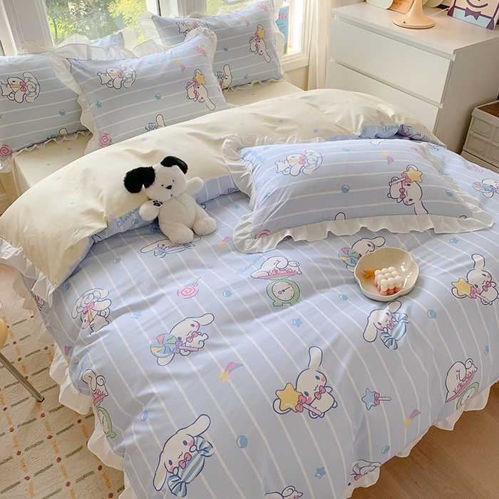 91家纺网 家纺一手货源 找家纺 玉元坊 2025年新款三丽鸥系列白花边被套纯棉全棉床裙三件套四件套-大耳狗系列 星星大耳狗【花边款】