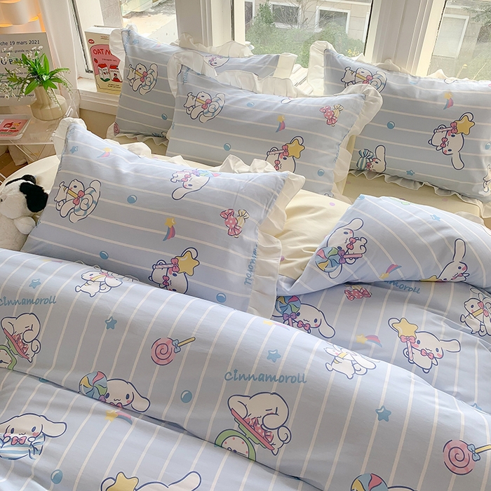 91家纺网 家纺一手货源 找家纺 玉元坊 2025年新款三丽鸥系列白花边被套纯棉全棉床裙三件套四件套-大耳狗系列 星星大耳狗【花边款】