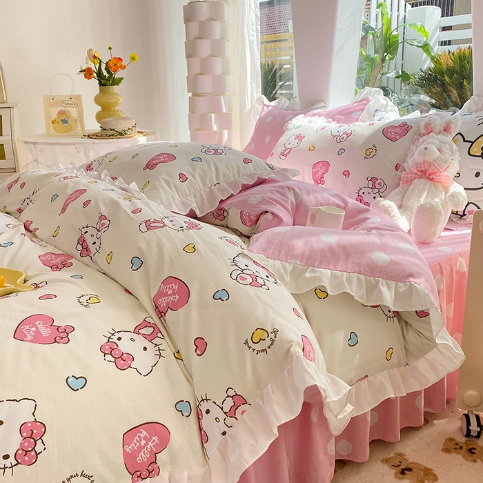 91家纺网 家纺一手货源 找家纺 （总）玉元坊 2025年5月新品 三丽鸥花边被套全棉床单纯棉床裙床笠三四件套-凯蒂猫系列