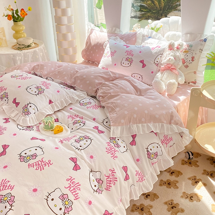 91家纺网 家纺一手货源 找家纺 玉元坊 2025年5月新品 三丽鸥花边被套全棉床单纯棉床裙床笠三四件套-凯蒂猫系列 雏菊kt 花边款