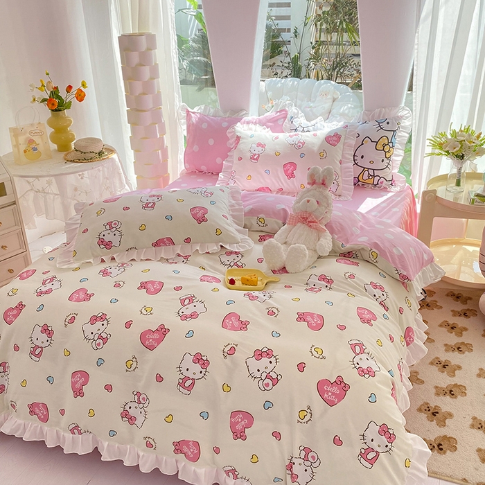 91家纺网 家纺一手货源 找家纺 玉元坊 2025年5月新品 三丽鸥花边被套全棉床单纯棉床裙床笠三四件套-凯蒂猫系列 公主kt 花边款