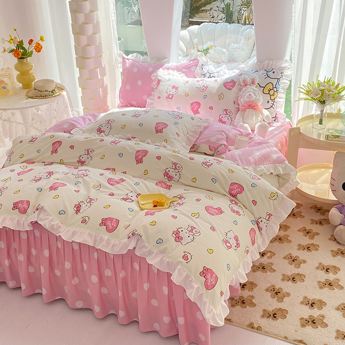 91家纺网 家纺一手货源 找家纺 玉元坊 2025年5月新品 三丽鸥花边被套全棉床单纯棉床裙床笠三四件套-凯蒂猫系列 公主kt 花边款