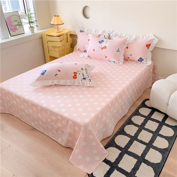 91家纺网 家纺一手货源 找家纺 玉元坊 2025年5月新品 三丽鸥花边被套全棉床单纯棉床裙床笠三四件套-凯蒂猫系列 苹果凯蒂 花边款