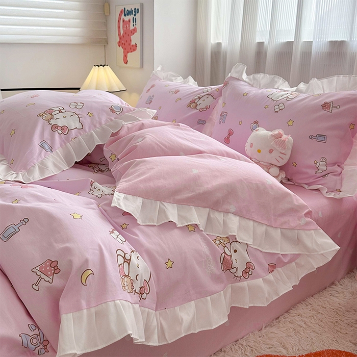 玉元坊 2025年5月新品 三丽鸥花边被套全棉床单纯棉床裙床笠三四件套-凯蒂猫系列 美美凯蒂 花边款