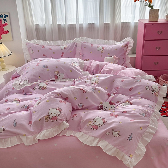 91家纺网 家纺一手货源 找家纺 玉元坊 2025年5月新品 三丽鸥花边被套全棉床单纯棉床裙床笠三四件套-凯蒂猫系列 美美凯蒂 花边款