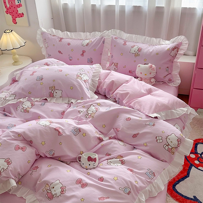 91家纺网 家纺一手货源 找家纺 玉元坊 2025年5月新品 三丽鸥花边被套全棉床单纯棉床裙床笠三四件套-凯蒂猫系列 美美凯蒂 花边款