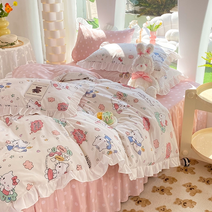 91家纺网 家纺一手货源 找家纺 玉元坊 2025年5月新品 三丽鸥花边被套全棉床单纯棉床裙床笠三四件套-凯蒂猫系列 甜心kt 花边款