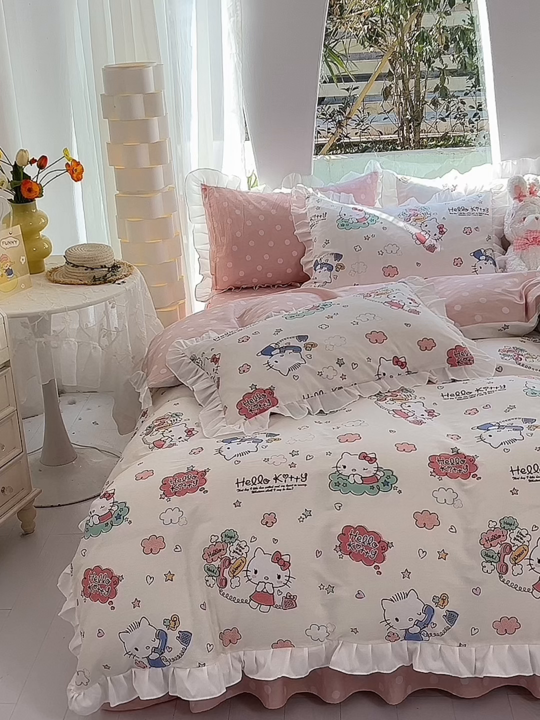 91家纺网 家纺一手货源 找家纺 玉元坊 2025年5月新品 三丽鸥花边被套全棉床单纯棉床裙床笠三四件套-凯蒂猫系列 甜心kt 花边款