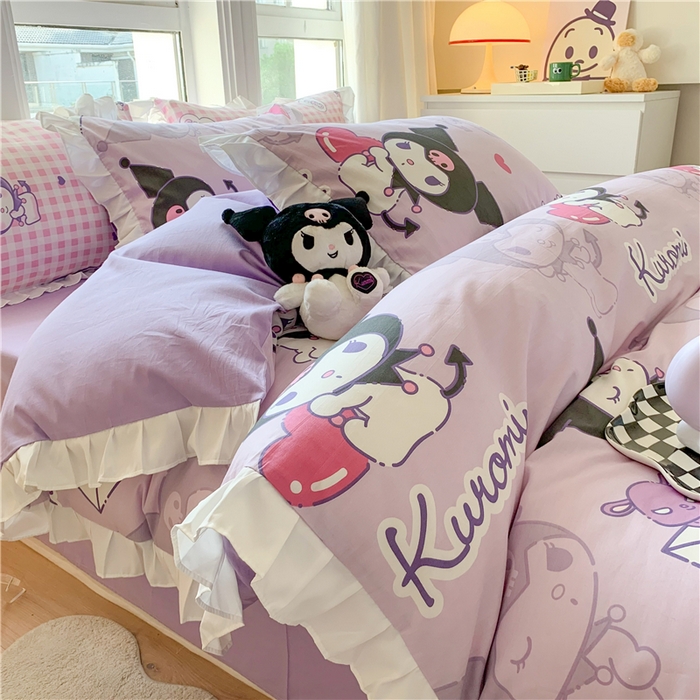 91家纺网 家纺一手货源 找家纺 玉元坊 2025年5月新品 三丽鸥花边被套全棉床单纯棉床裙床笠三四件套-库洛米系列 库洛米【花边款】