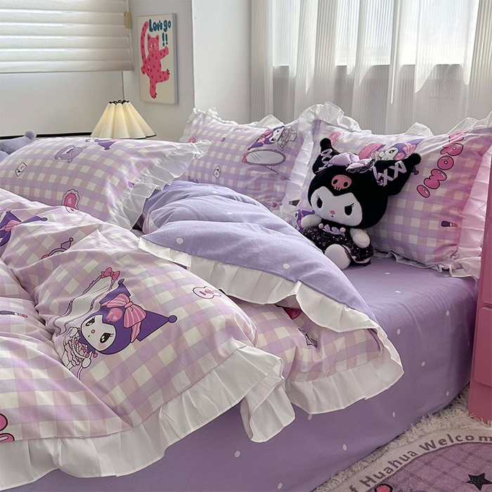 91家纺网 家纺一手货源 找家纺 （总）玉元坊 2025年5月新品 三丽鸥花边被套全棉床单纯棉床裙床笠三四件套-库洛米系列