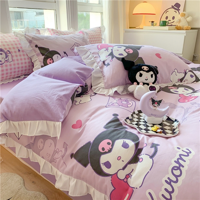 91家纺网 家纺一手货源 找家纺 玉元坊 2025年5月新品 三丽鸥花边被套全棉床单纯棉床裙床笠三四件套-库洛米系列 库洛米【花边款】