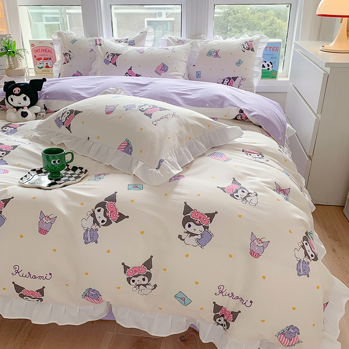 91家纺网 家纺一手货源 找家纺 玉元坊 2025年5月新品 三丽鸥花边被套全棉床单纯棉床裙床笠三四件套-库洛米系列 库洛米伙伴【花边款】