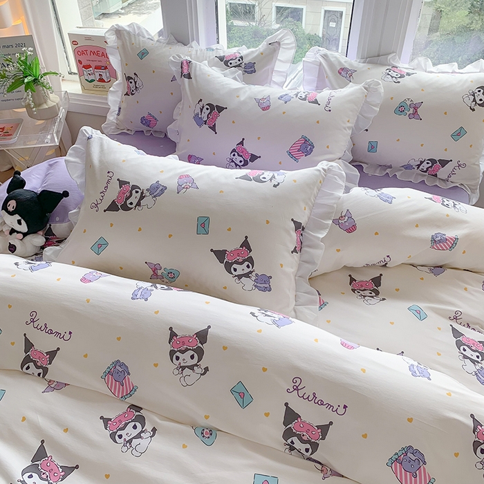 91家纺网 家纺一手货源 找家纺 玉元坊 2025年5月新品 三丽鸥花边被套全棉床单纯棉床裙床笠三四件套-库洛米系列 库洛米伙伴【花边款】