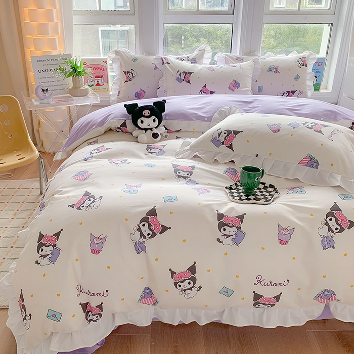 91家纺网 家纺一手货源 找家纺 玉元坊 2025年5月新品 三丽鸥花边被套全棉床单纯棉床裙床笠三四件套-库洛米系列 库洛米伙伴【花边款】