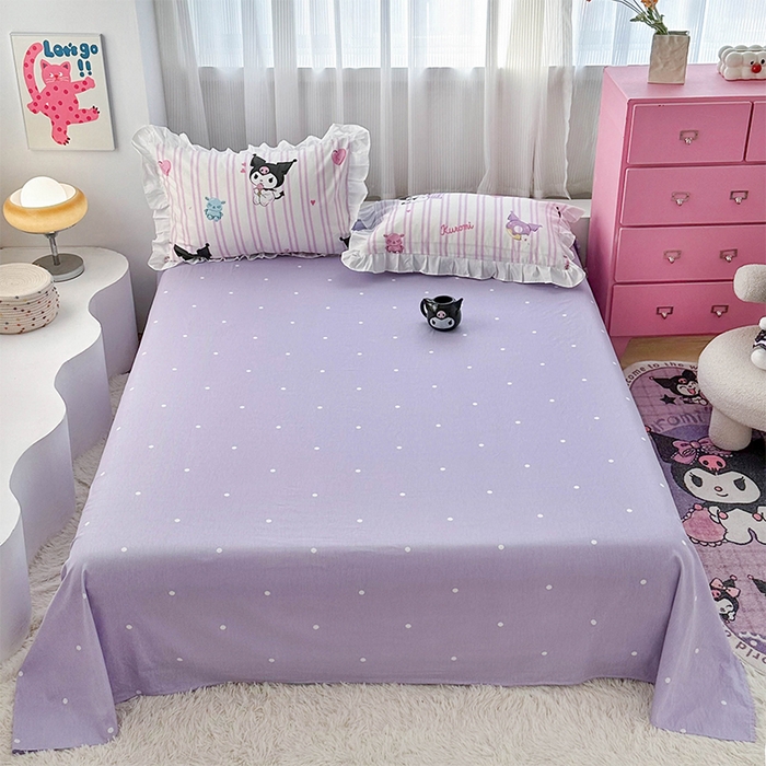 91家纺网 家纺一手货源 找家纺 玉元坊 2025年5月新品 三丽鸥花边被套全棉床单纯棉床裙床笠三四件套-库洛米系列 库洛米条纹【花边款】