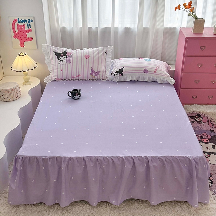 91家纺网 家纺一手货源 找家纺 玉元坊 2025年5月新品 三丽鸥花边被套全棉床单纯棉床裙床笠三四件套-库洛米系列 库洛米条纹【花边款】