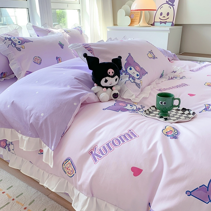 91家纺网 家纺一手货源 找家纺 玉元坊 2025年5月新品 三丽鸥花边被套全棉床单纯棉床裙床笠三四件套-库洛米系列 甜甜库洛米【花边款】