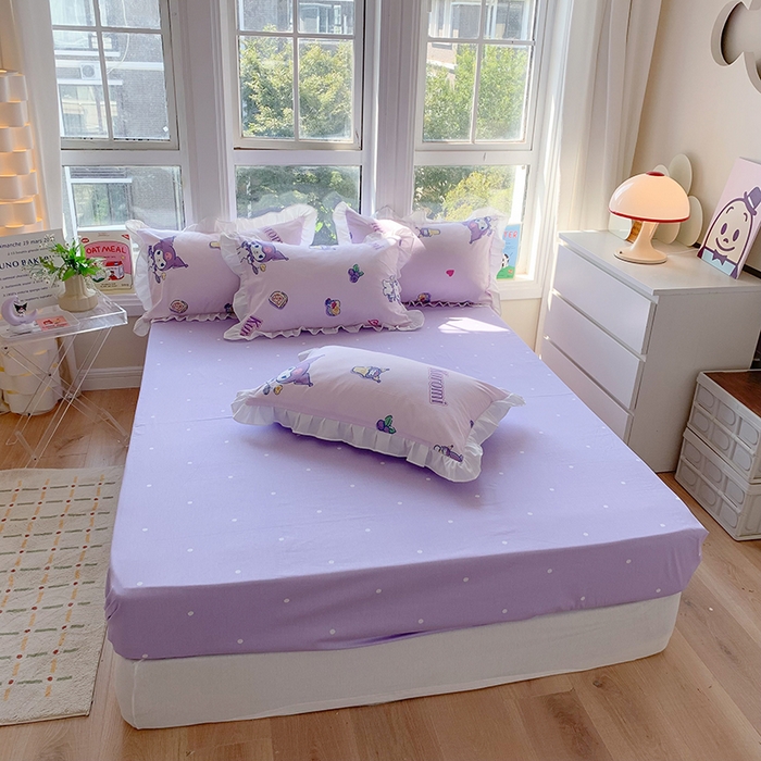 91家纺网 家纺一手货源 找家纺 玉元坊 2025年5月新品 三丽鸥花边被套全棉床单纯棉床裙床笠三四件套-库洛米系列 甜甜库洛米【花边款】