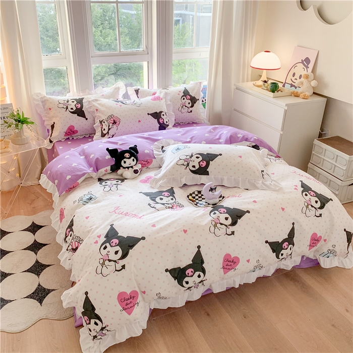 91家纺网 家纺一手货源 找家纺 玉元坊 2025年5月新品 三丽鸥花边被套全棉床单纯棉床裙床笠三四件套-库洛米系列 甜筒库洛米【花边款】